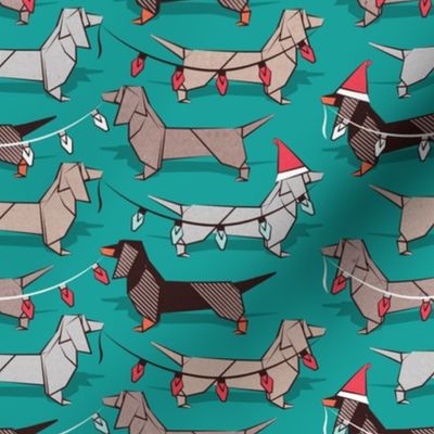 Small scale // Origami Christmas Dachshunds sausage dogs // turquoise green background