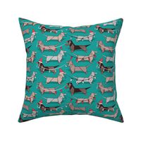 Small scale // Origami Christmas Dachshunds sausage dogs // turquoise green background