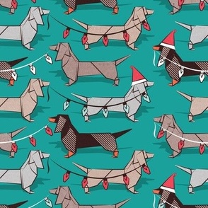 Small scale // Origami Christmas Dachshunds sausage dogs // turquoise green background