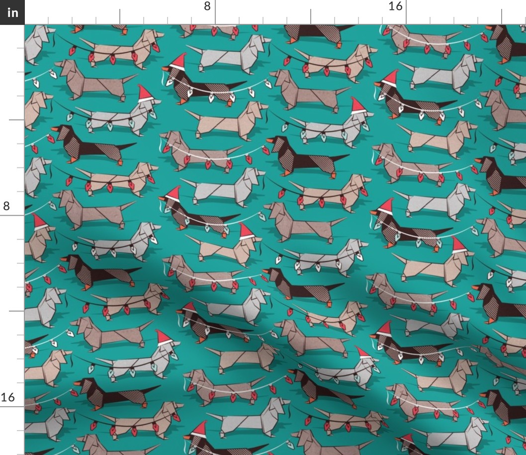 Small scale // Origami Christmas Dachshunds sausage dogs // turquoise green background