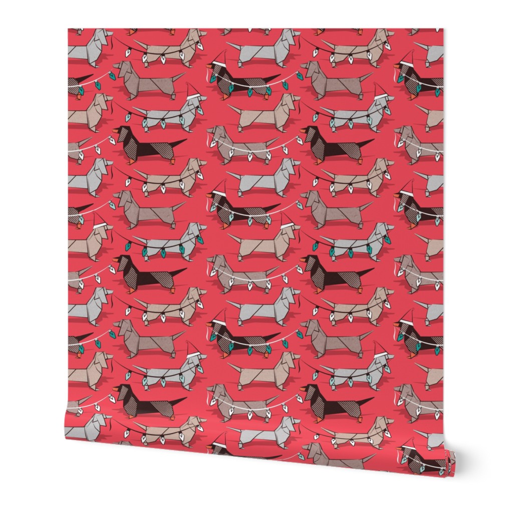 Small scale // Origami Christmas Dachshunds sausage dogs // red background