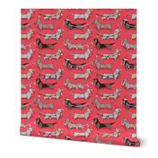 Small scale // Origami Christmas Dachshunds sausage dogs // red background