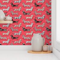 Small scale // Origami Christmas Dachshunds sausage dogs // red background