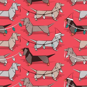 Small scale // Origami Christmas Dachshunds sausage dogs // red background