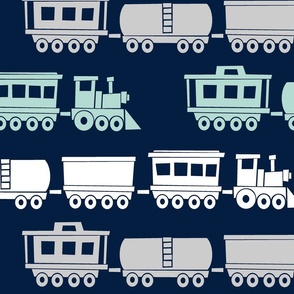 (large scale) trains on navy - modern train fabric C19BS