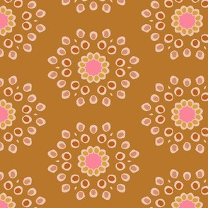 Abstract floral tile on mustard