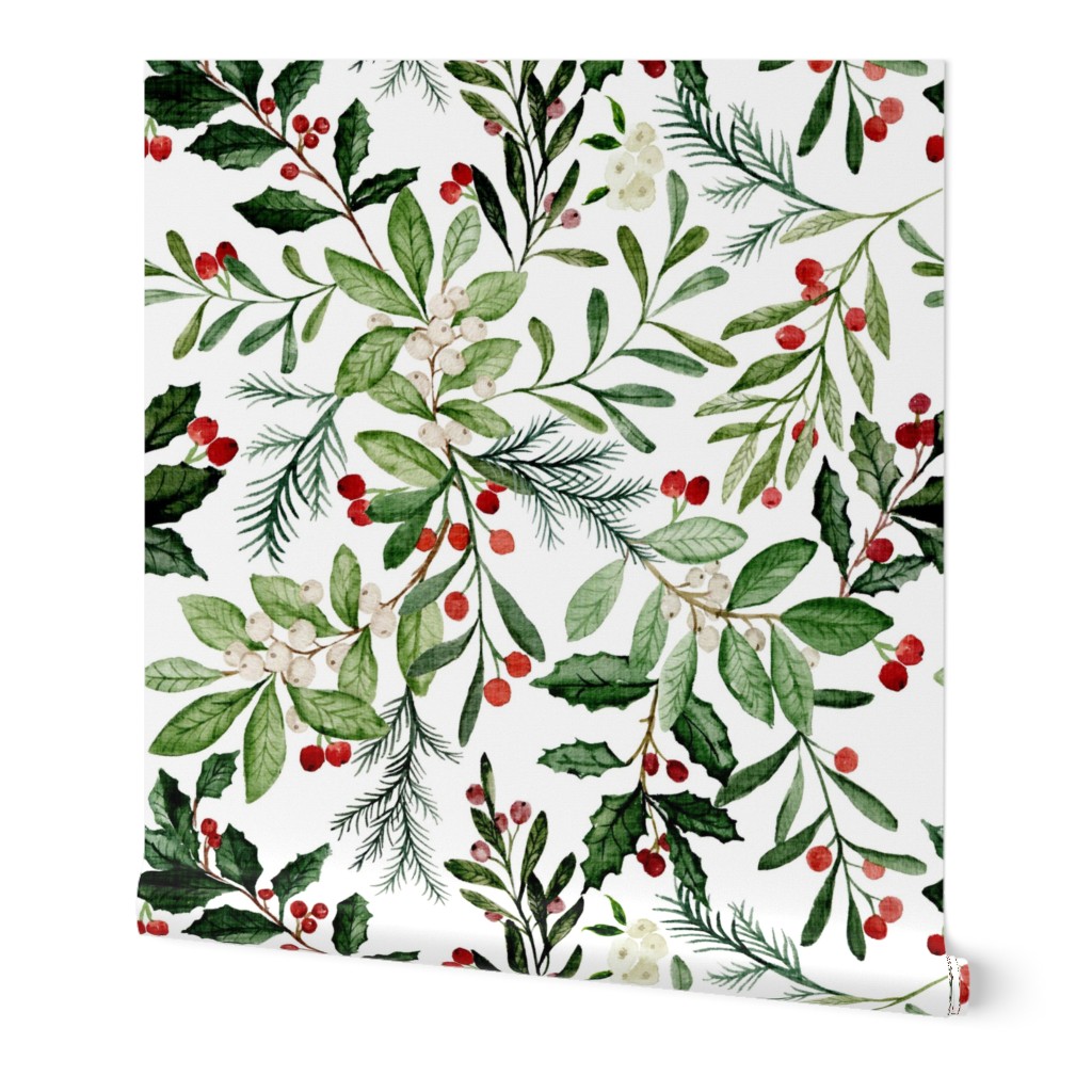 Abstract Forest Green Gold Christmas Mistletoe Holly Floral