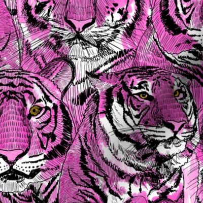 LARGE PRINT - tiger faces home dec fabric - tiger print, bright colors, safari tiger -  pink