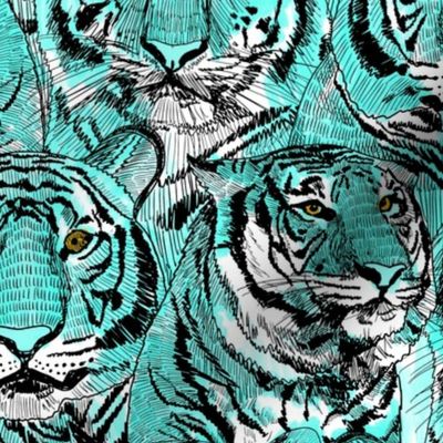 LARGE PRINT - tiger faces home dec fabric - tiger print, bright colors, safari tiger - turquoise