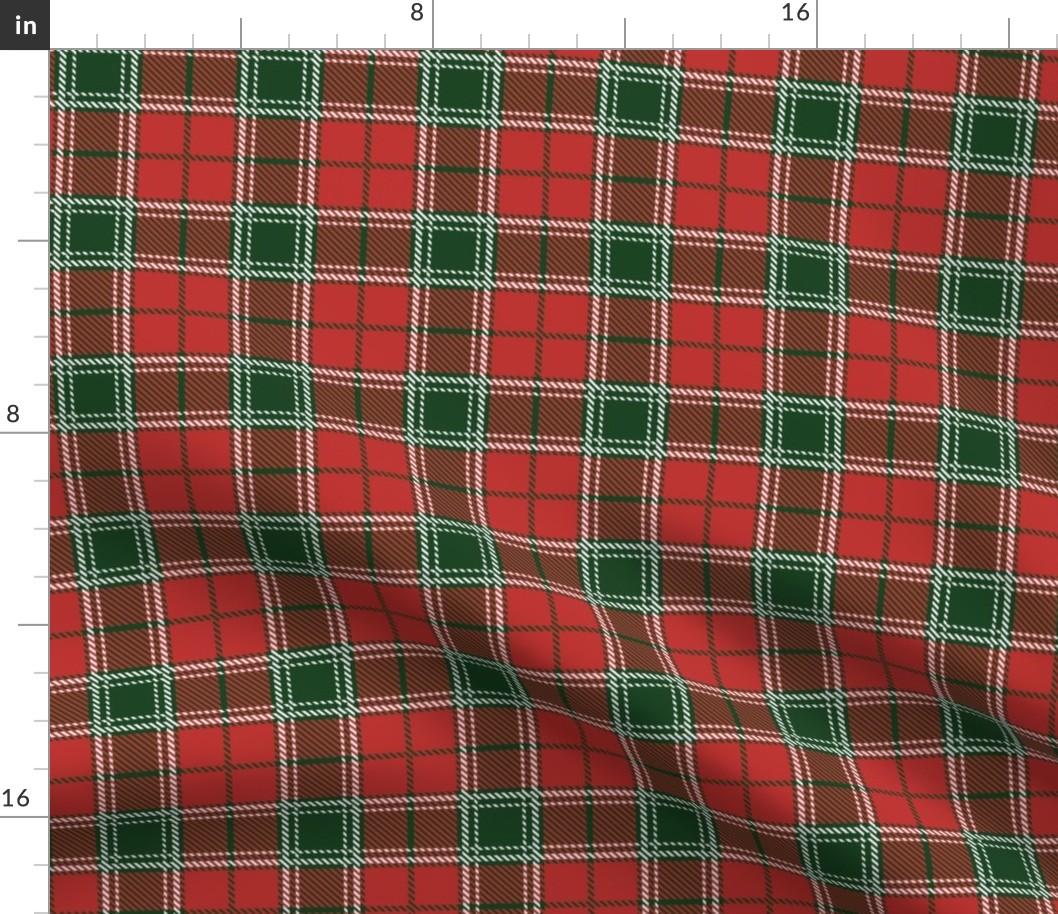 Christmas Red and Dark Green Tartan with Double White Lines