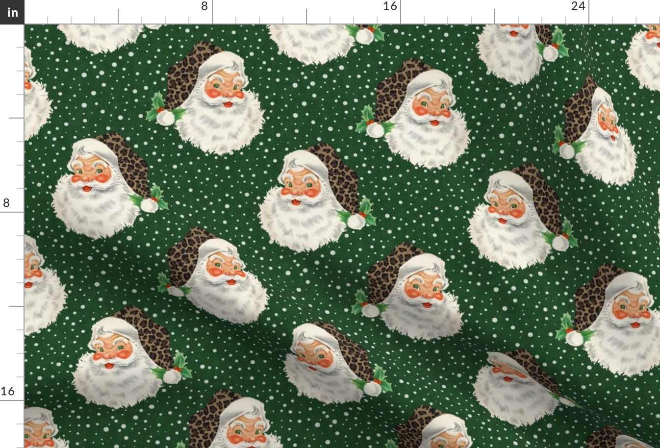 Retro Santa with Leopard hat on green - medium scale