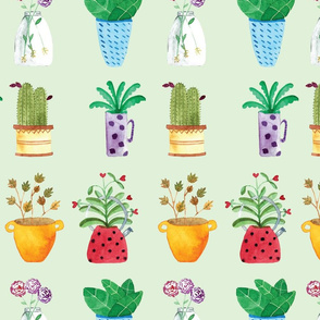 Watercolor potted plants collection house plants hand drawn light green background