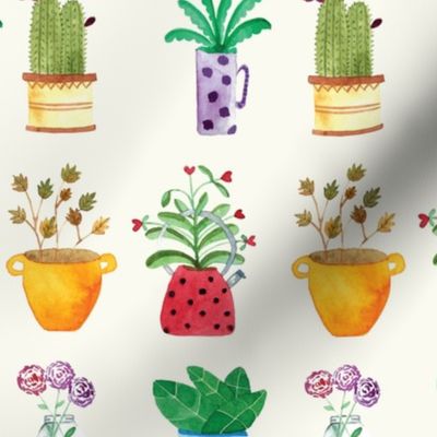 Watercolor potted plants collection house plants hand drawn light yellow background