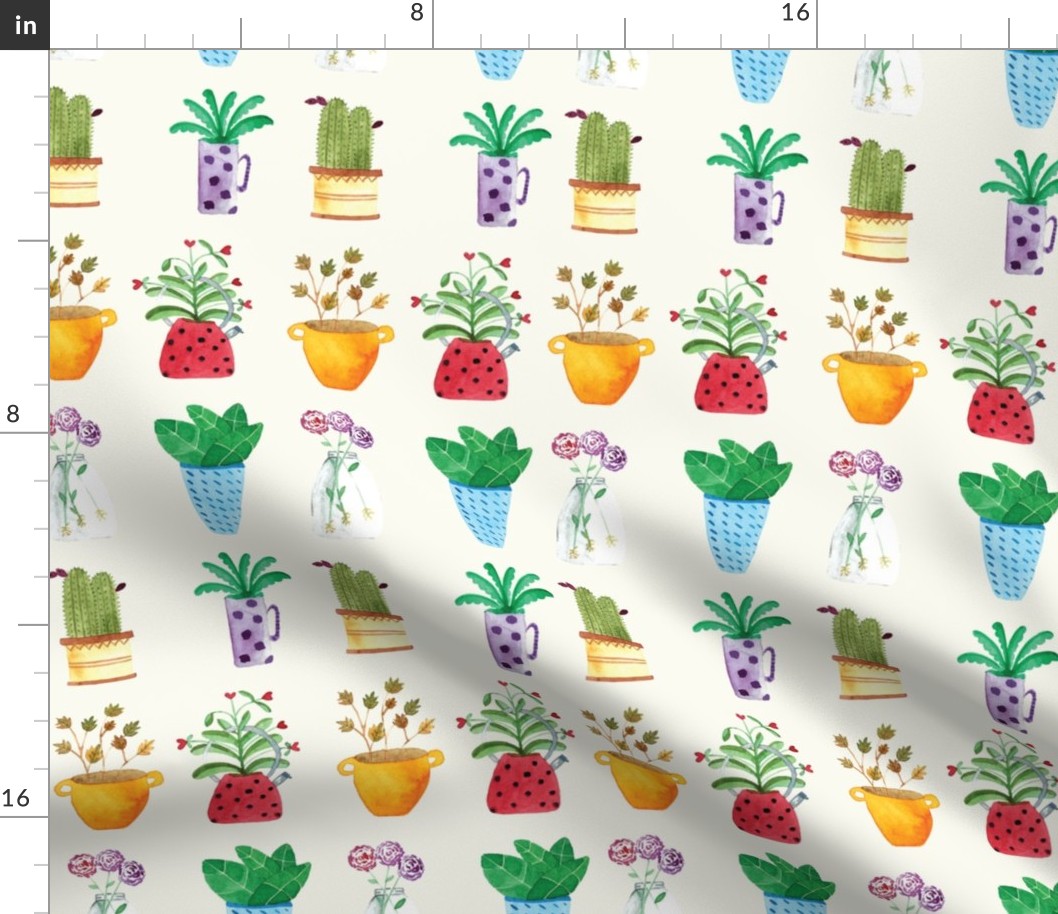 Watercolor potted plants collection house plants hand drawn light yellow background