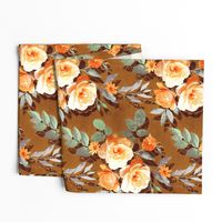 Retro Rose Chintz in Apricot and Olive on Brown