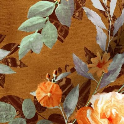 Retro Rose Chintz in Apricot and Olive on Brown