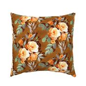 Retro Rose Chintz in Apricot and Olive on Brown