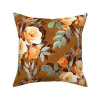 Retro Rose Chintz in Apricot and Olive on Brown