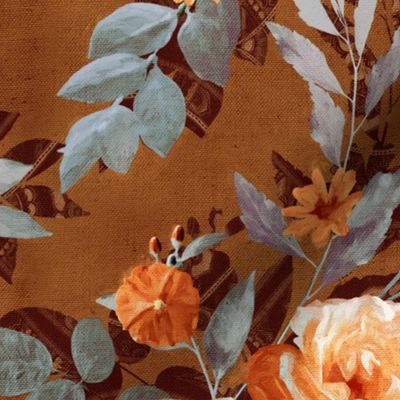 Retro Rose Chintz in Warm Orange on Rust Brown