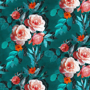 Retro Rose Chintz in Pink and Rich Teal