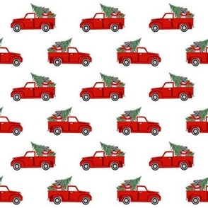 pitbull christmas vintage red truck fabric - red truck fabric, christmas truck fabric -white