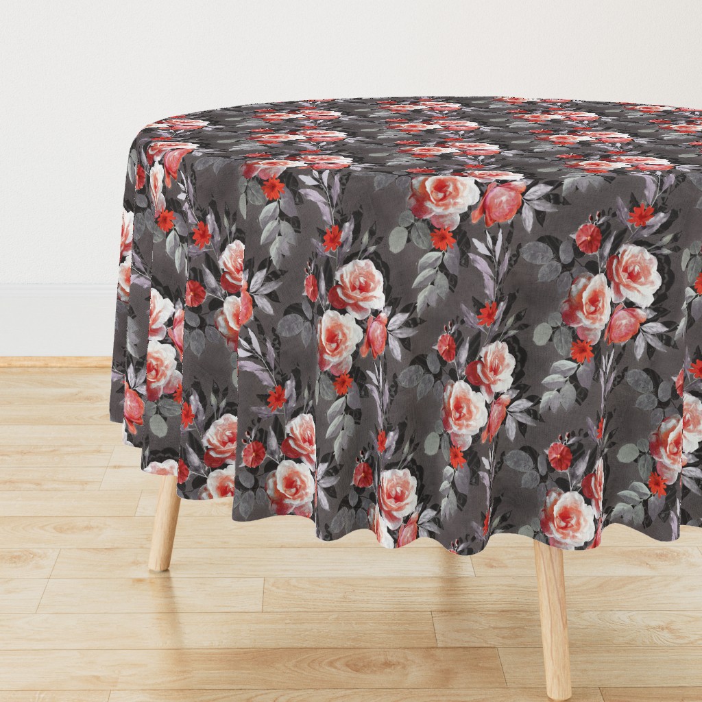 Retro Rose Chintz in Coral and Charcoal Grey