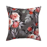 Retro Rose Chintz in Coral and Charcoal Grey