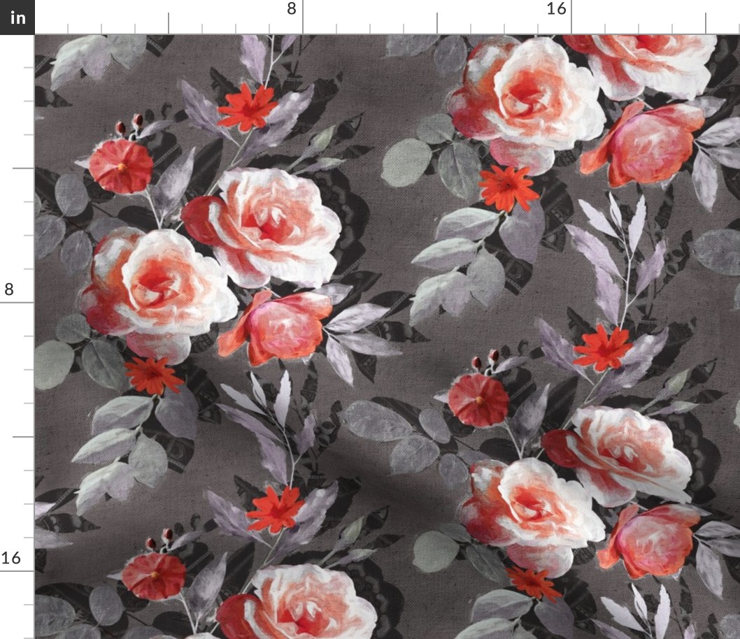 Retro Rose Chintz in Coral and Charcoal Grey