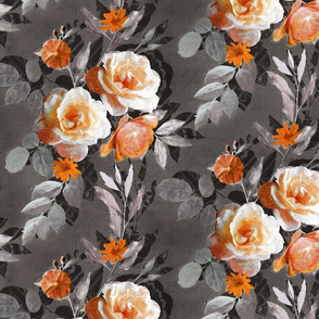 Retro Rose Chintz in Orange and Grey