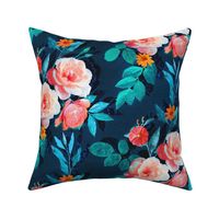 Retro Rose Chintz in Salmon and Teal on Deep Blue