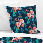 Retro Rose Chintz in Salmon and Teal on Deep Blue