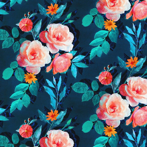 Retro Rose Chintz in Salmon and Teal on Deep Blue
