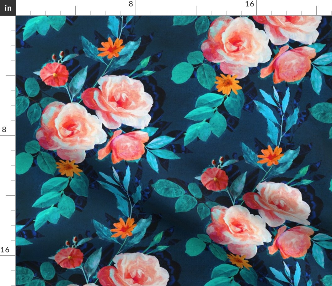 Retro Rose Chintz in Salmon and Teal on Deep Blue