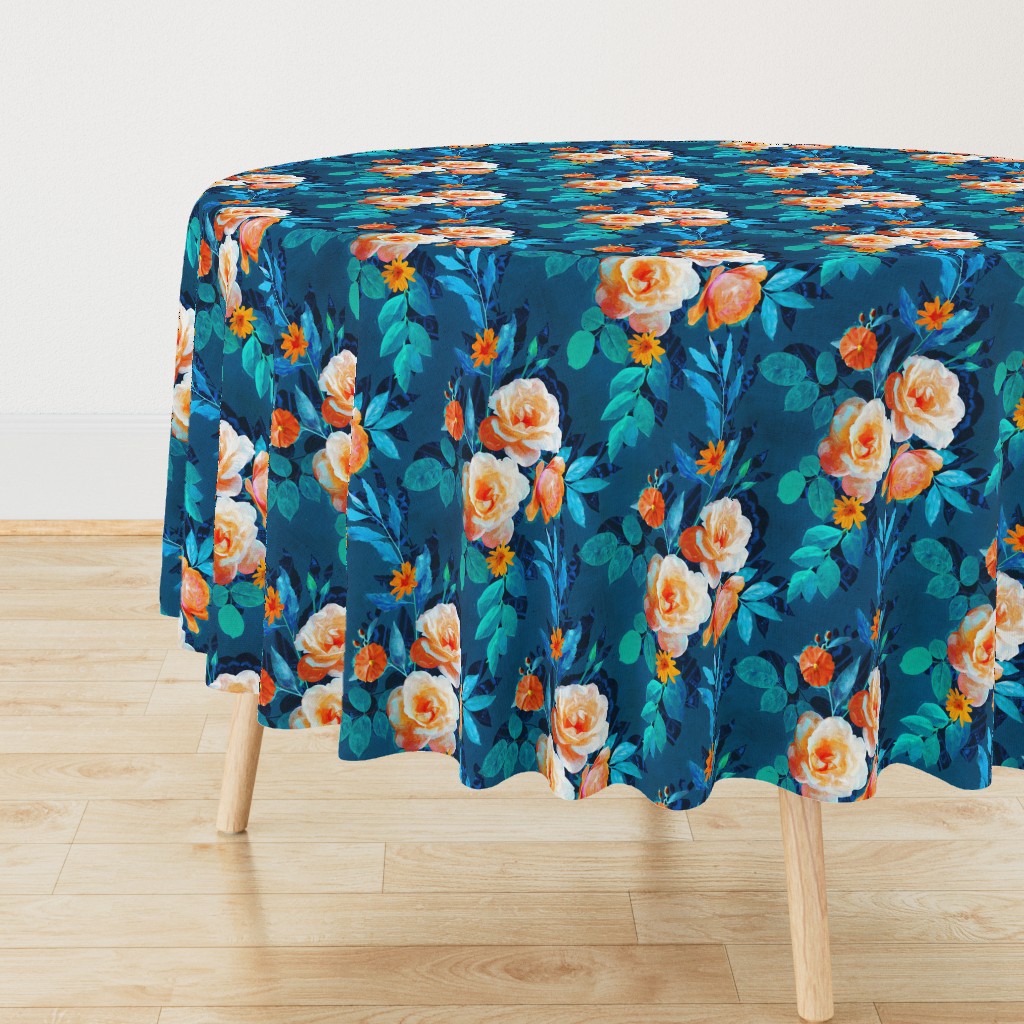 Retro Rose Chintz in Bright Orange, Teal and Blue