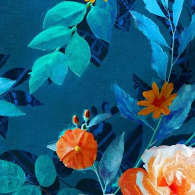 Retro Rose Chintz in Bright Orange, Teal and Blue