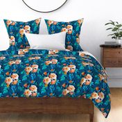 Retro Rose Chintz in Bright Orange, Teal and Blue