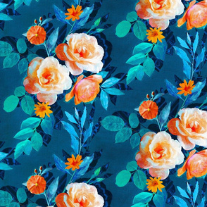 Retro Rose Chintz in Bright Orange, Teal and Blue