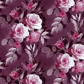 Retro Rose Chintz in Monochrome Pink, Plum and Mauve