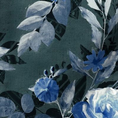 Retro Rose Chintz in Monochrome Grey and Royal Blue