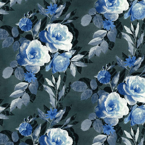 Retro Rose Chintz in Monochrome Grey and Royal Blue