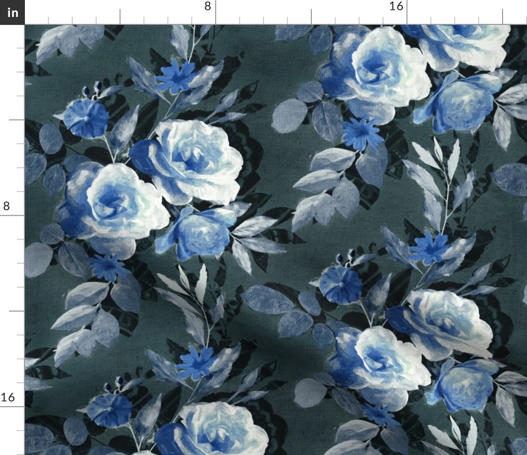 Retro Rose Chintz in Monochrome Grey and Royal Blue