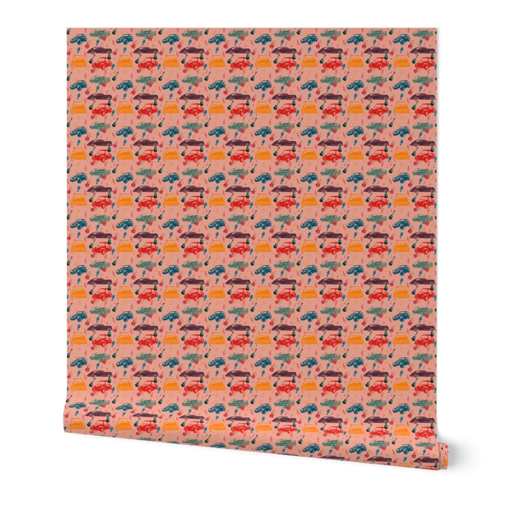 Rockabilly mania hot rods- Apricot Salmon- Ditsy Scale