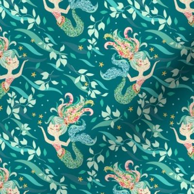 Mermaid Starfish Floral in Deep Sea Green