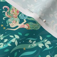 Mermaid Starfish Floral in Deep Sea Green