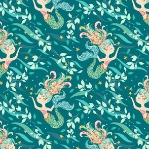 Mermaid Starfish Floral in Deep Sea Green