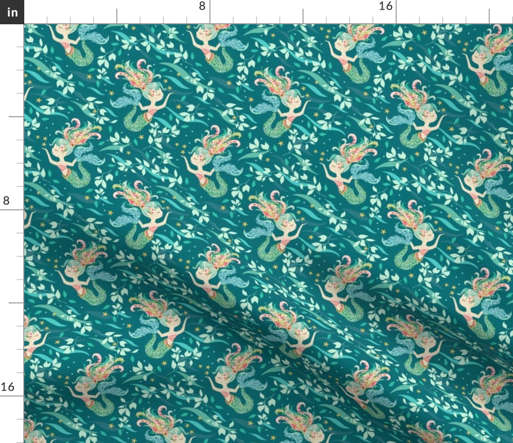 Mermaid Starfish Floral in Deep Sea Green