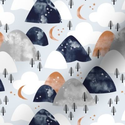 Watercolors mountain Range and winter trees moon clouds and stars baby blue navy gold