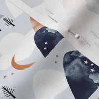 Watercolors mountain Range and winter trees moon clouds and stars baby blue navy gold