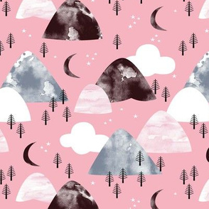 Watercolors mountain Range and winter trees moon clouds and stars pink gray maroon