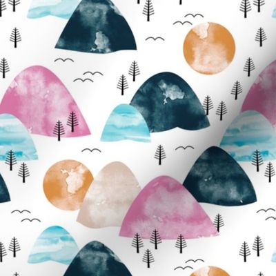 Watercolors mountain Range and winter trees minimal sun sky and birds pink blue navy white
